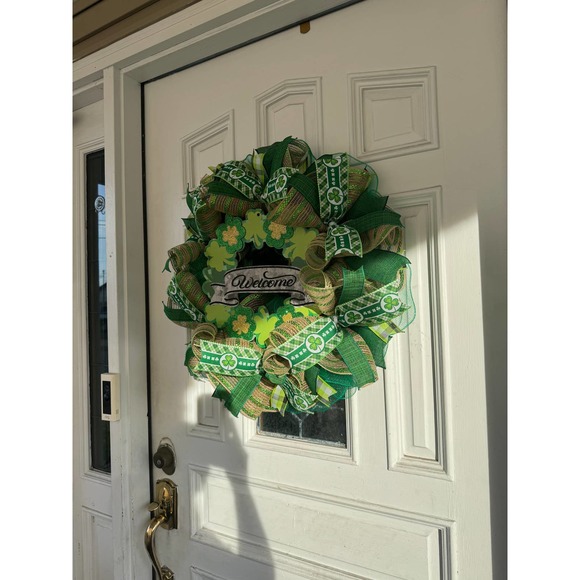 Welcome Shamrock Clover Saint Patrick’s Day Mesh Ribbon Wreath Door Hanger - Picture 7 of 9
